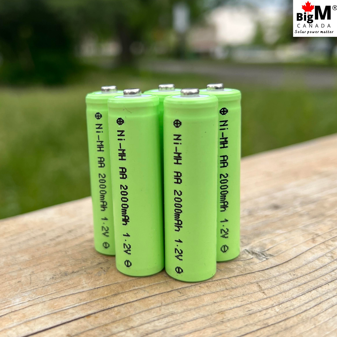 BigM 1.2V NiMH rechargeable AA battery comes with 2000mAH high capacity ideal for solar-powered landscaping lights, pathway lights, solar string lights, a wide variety of small electronic devices, game consoles, X box 1 S or series S gaming controllers, power tools, flashlights, high battery-powered toys, cameras, and medical devices