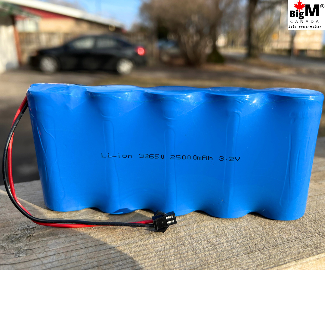 BigM 3.2V 32650 25000mAH lithium ion rechargeable battery pack has a Length 160mm (6.25 inches) X Width 70mm (2.76 inches)