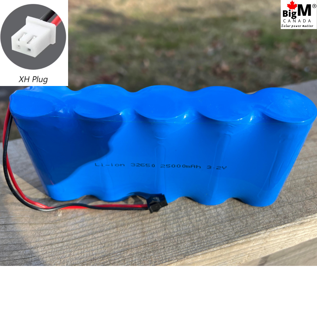 BigM 3.2V 32650 25000mAH lithium ion rechargeable battery pack with a 2-pin wire connector