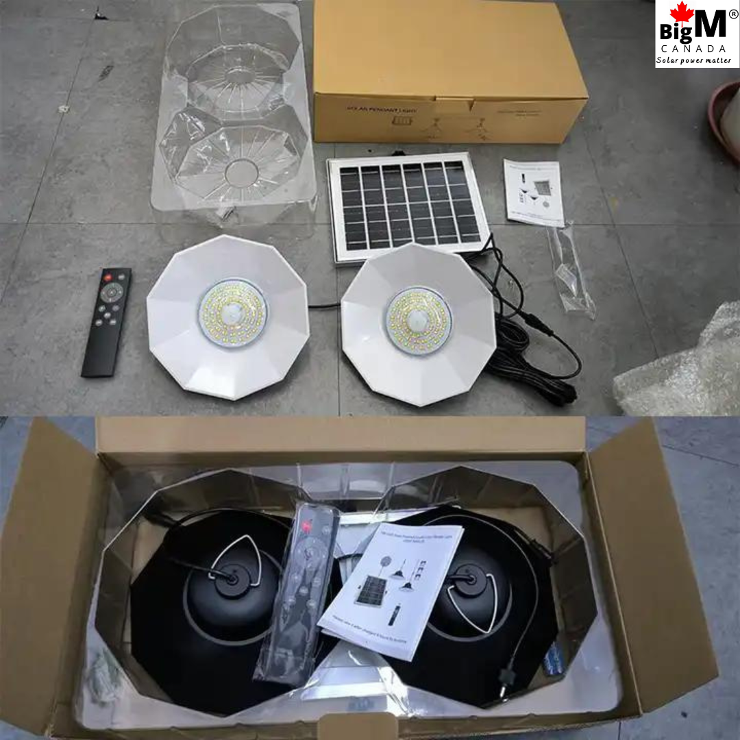 These BigM 98-led dual-headed bright solar pendant lights come with a large solar panel, 2X16 ft extension cables, and heavy-duty built-in 3.7V 26650 4400mAH lithium-ion rechargeable batteries.
