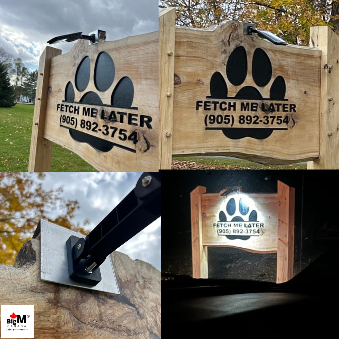 The BigM 100W Bright LED Outdoor Solar Street Light is mounted atop a beautiful sign, providing powerful, consistent illumination throughout the night