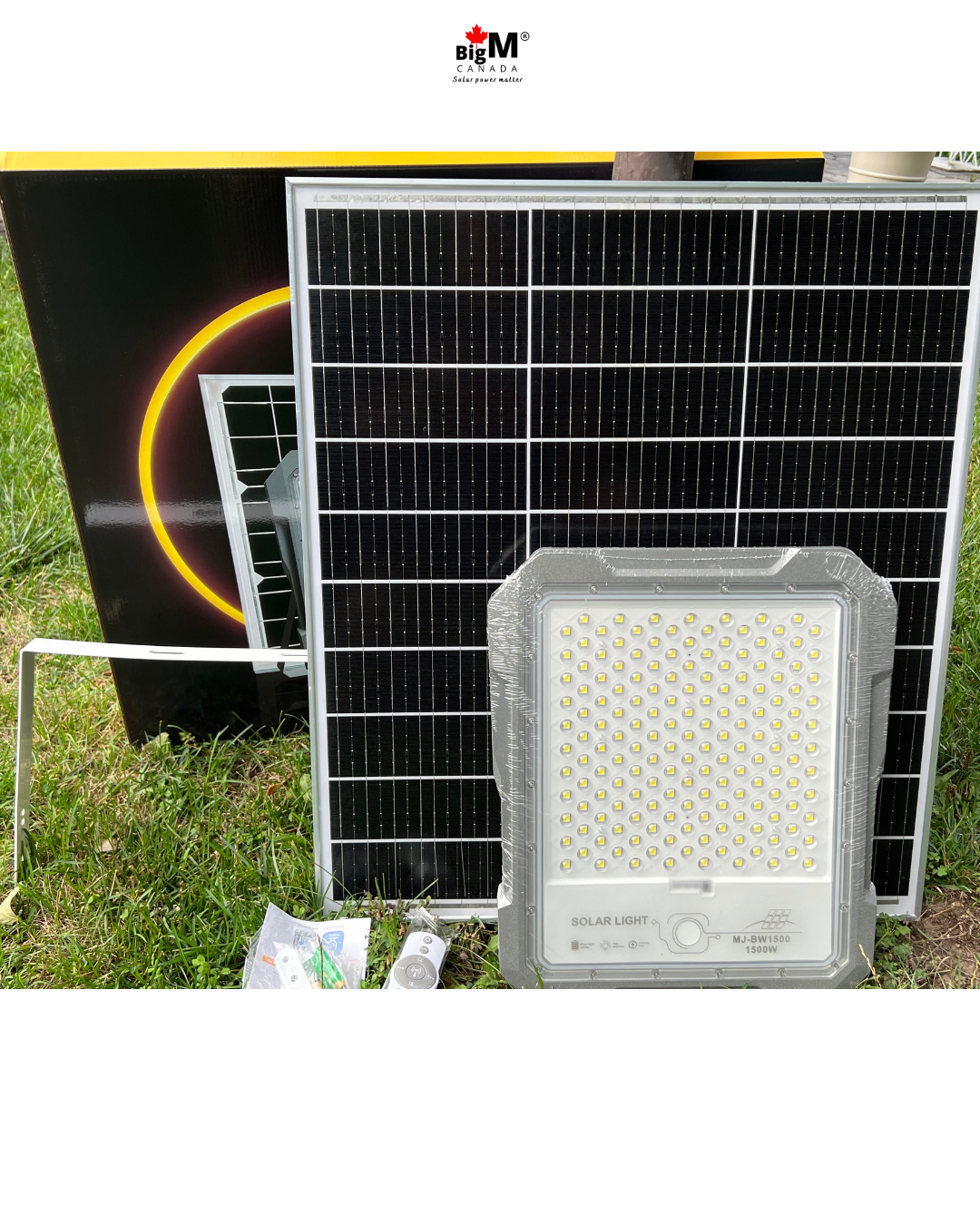 Image of BigM 1500W High Lumens Solar Flood Light that comes with a large high efficiency solar panel and all the required mountings and hardwares