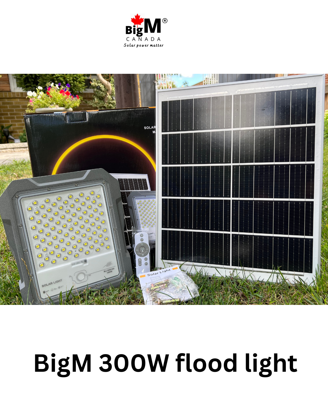 BigM 300W Durable Aluminum-Cast Solar Floodlight with Motion Sensor comes with a large high efficiency solar panel