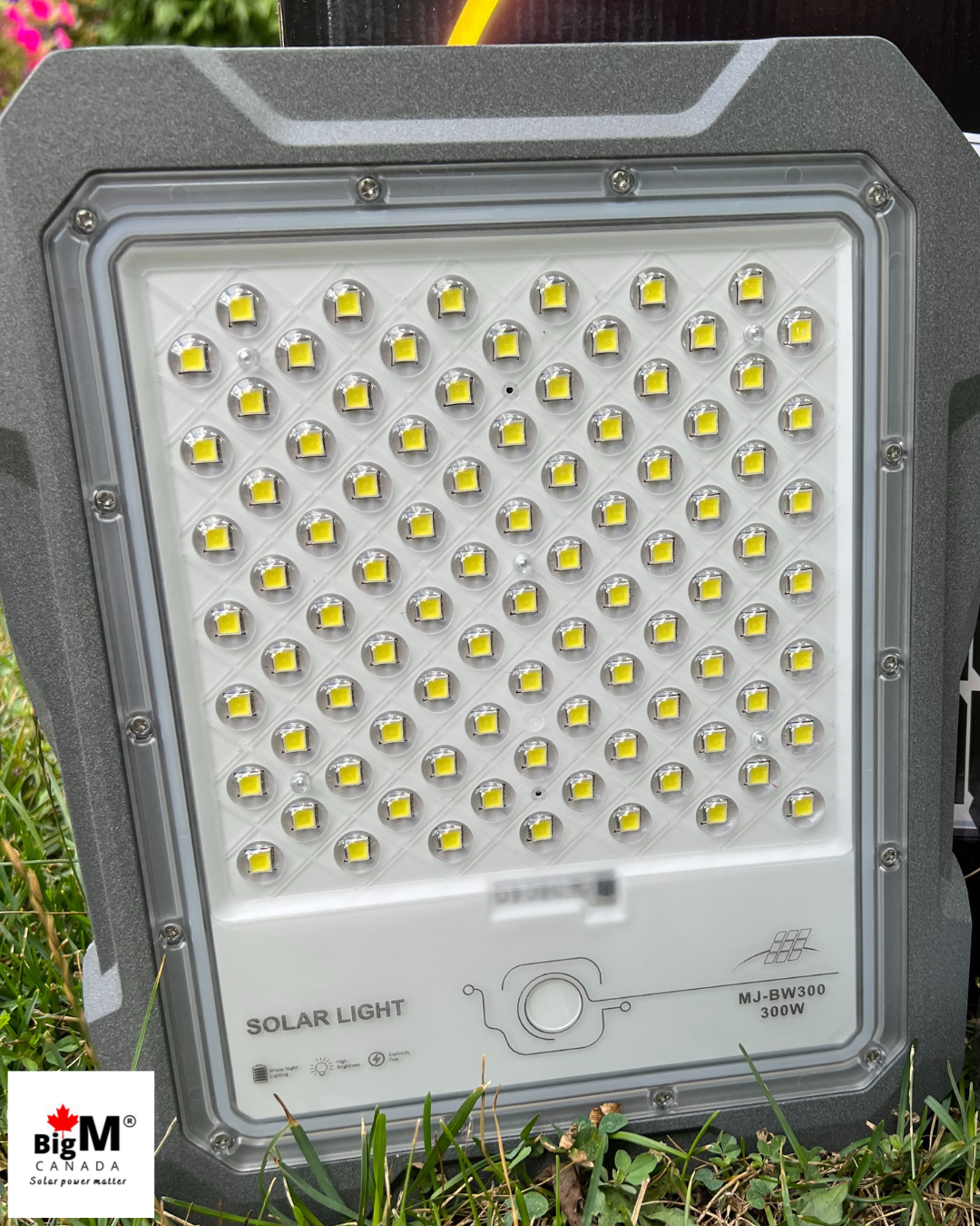 BigM 300W Durable Aluminum-Cast Solar Floodlight with Motion Sensor features high-efficiency , large size 5054 LED chips.