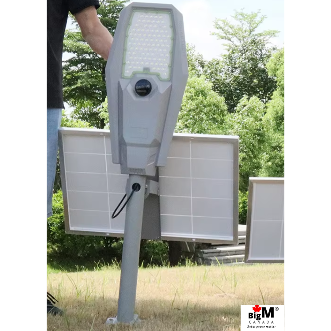 BigM 600W aluminum solar street light is built with a durable die-cast aluminum body, the light is designed to withstand harsh Canadian winter weather conditions and ensure long-term use. Its corrosion-resistant and heat-dissipating properties further enhance its durability.