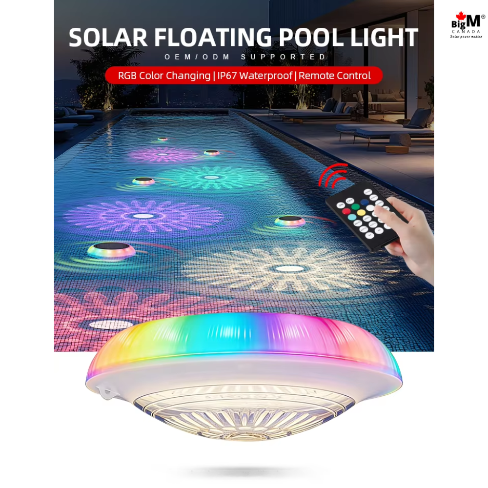 BigM Solar LED Floating Pool Light shown in a pool scene with multiple colorful illuminated flower patterns, plus a large foreground view of the light and a hand holding a remote. Text reads 'SOLAR FLOATING POOL LIGHT' and 'RGB Color Changing | IP67 Waterproof | Remote Control.