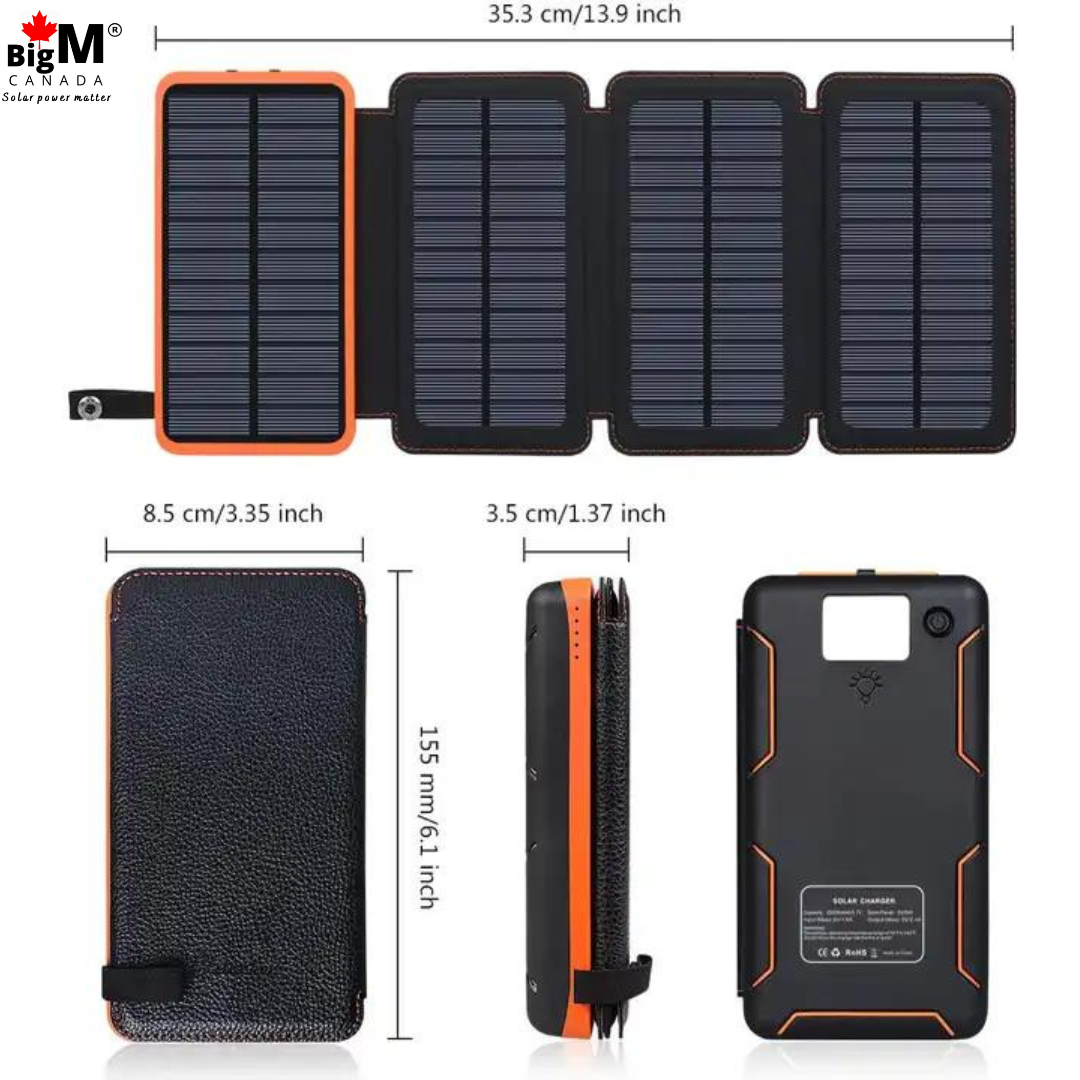BigM solar charging power bank with 20000mAH storage 4 foldable high efficient monocrystalline solar panels