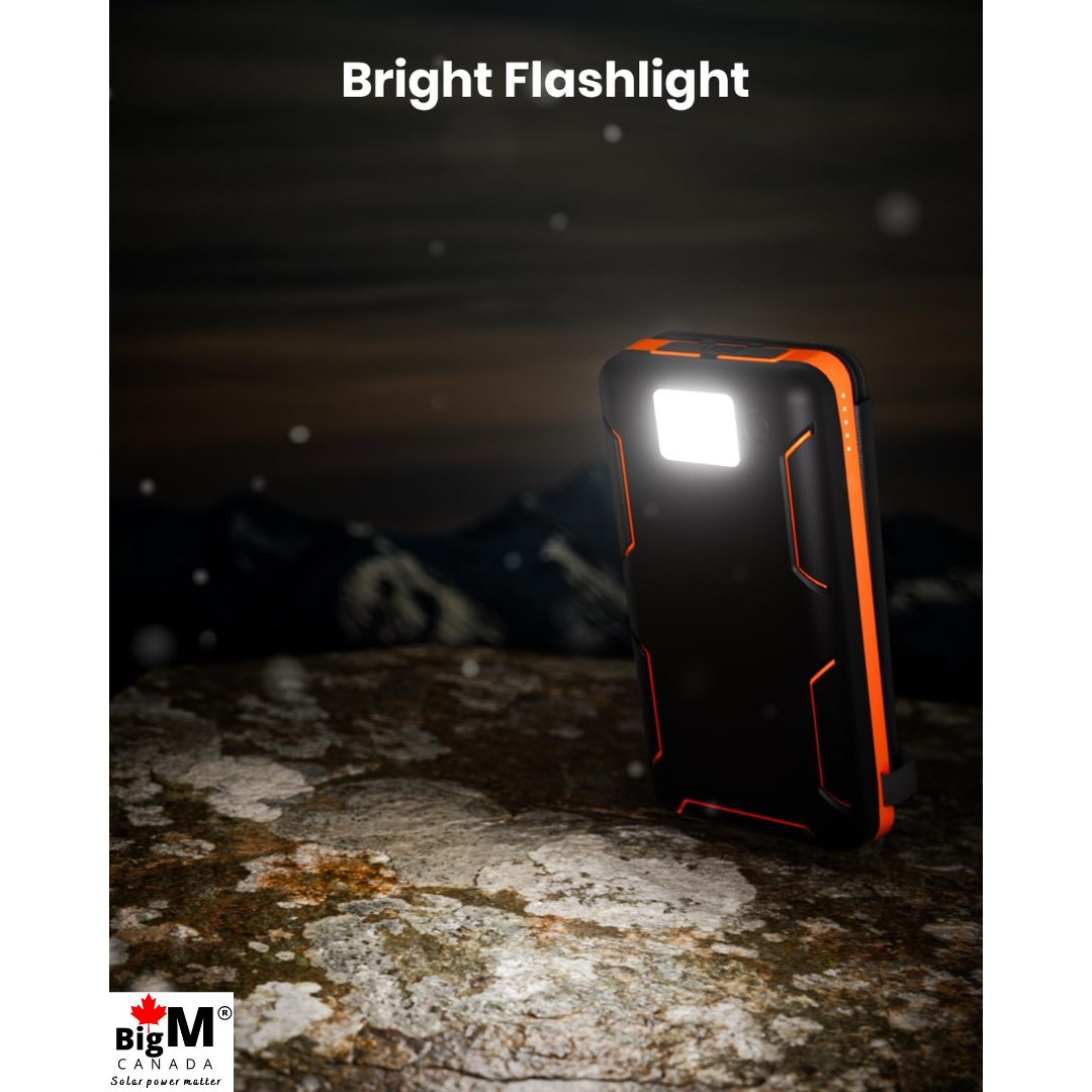 BigM solar charging power bank has an emergency bright flash light