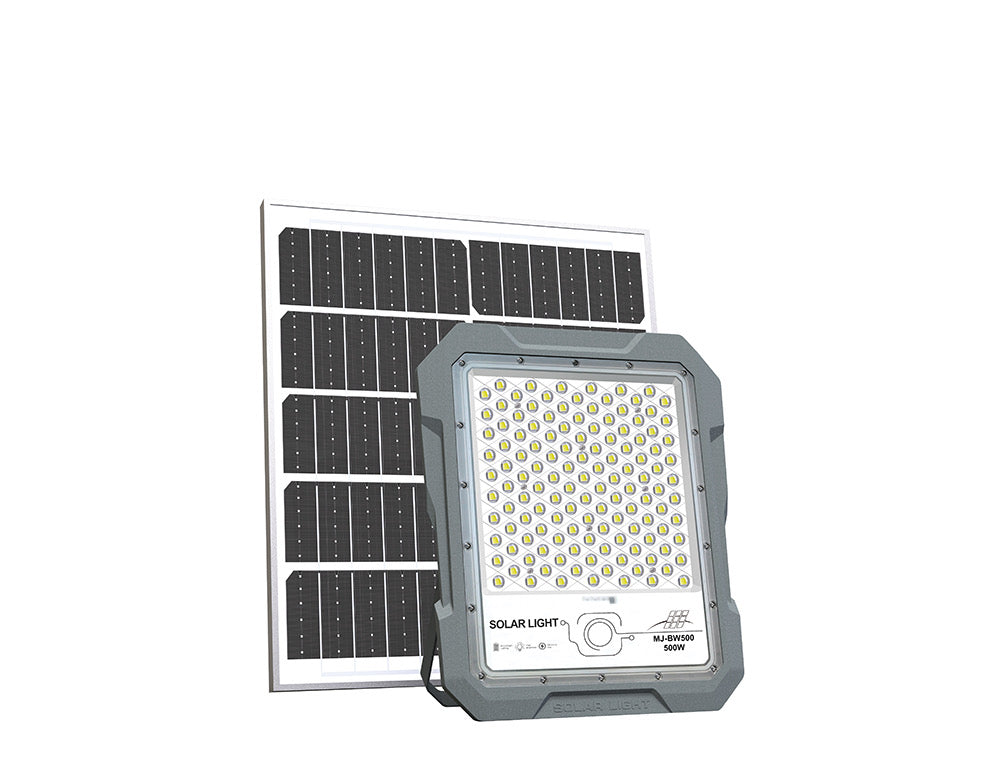 BigM 500W Solar Floodlights with Motion Sensor and separate adjustable solar panel for outdoor lighting.