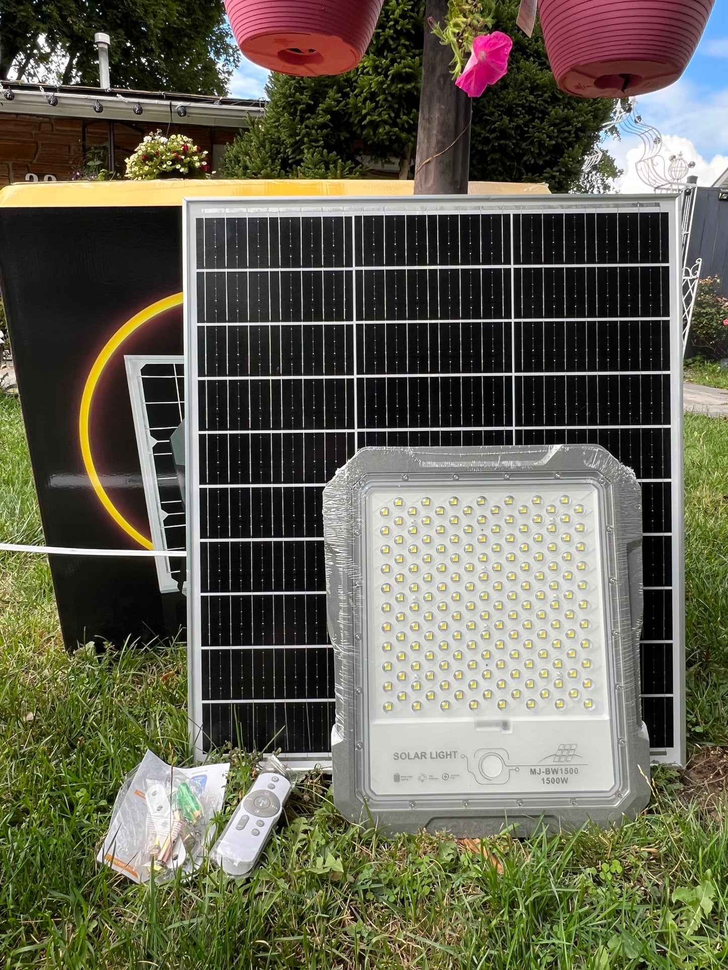 Image of BigM 1500W High Lumens Solar Flood Light that comes with a large high efficiency solar panel and all the required mountings