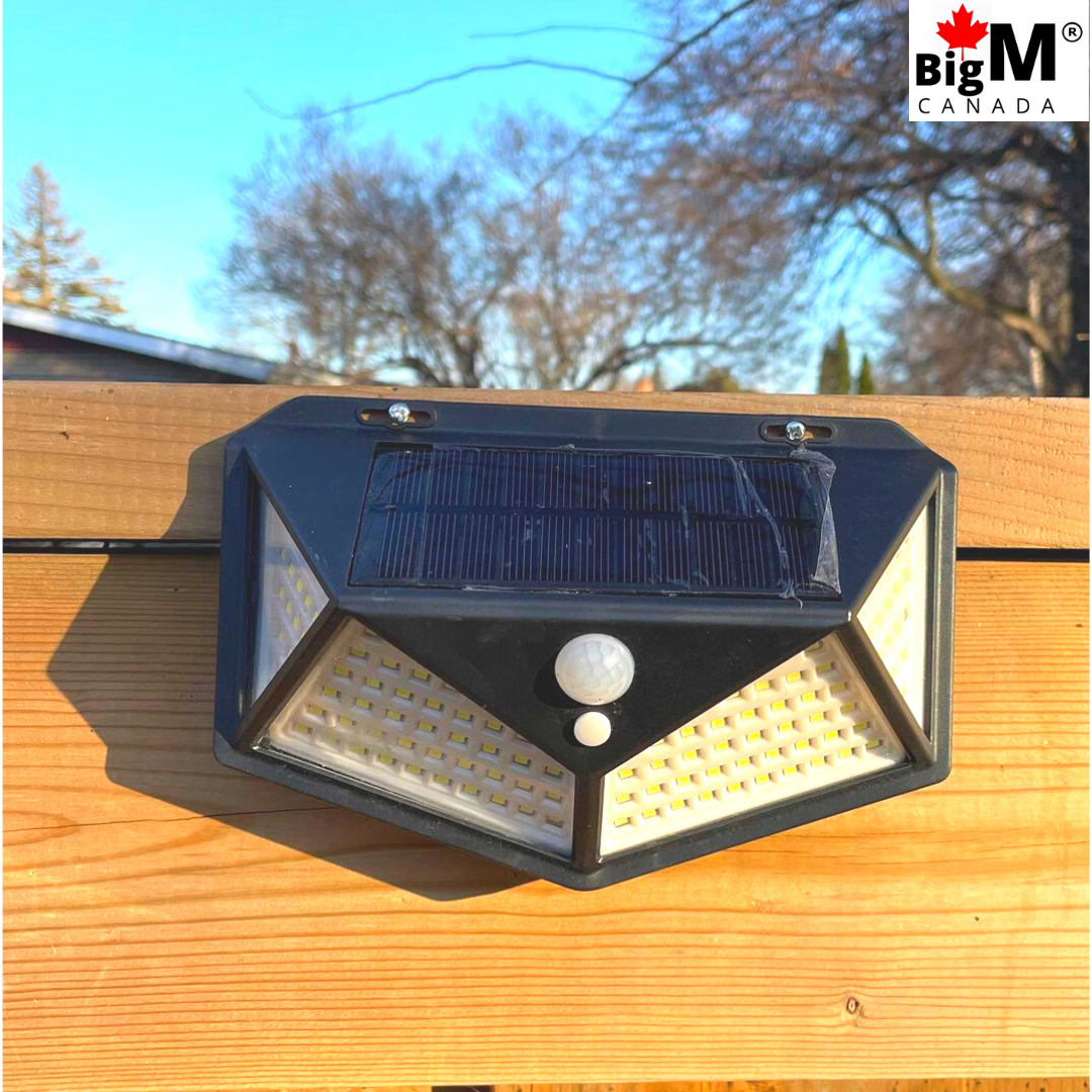 BigM Super Bright 114 LED Solar Motion Sensor Lights installed on a outdoor fence post