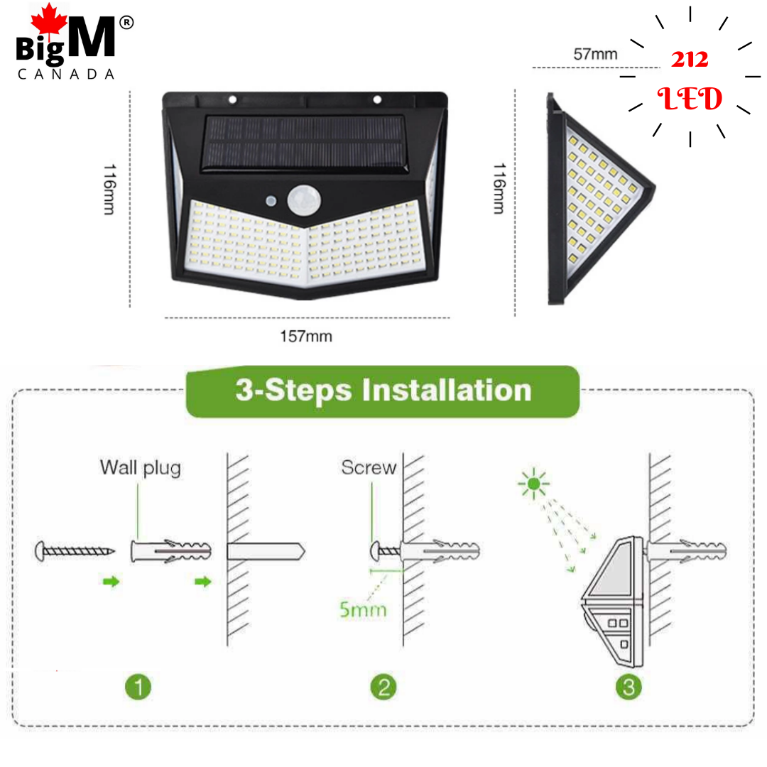 Measurements and installation guidelines of a BigM  212 LED Solar Light With Motion  Sensor
