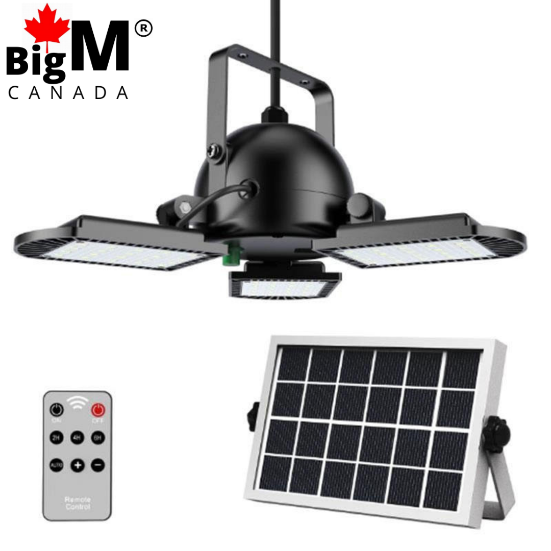 BigM 60 LED Bright Solar indoor Pendant Light comes with a bright 60 led light fixture, a large solar panel and remote