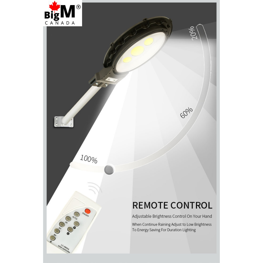 Image of a remote of a BigM Heavy Duty 500W Solar Flood Light With Motion Sensor . You can adjust the brightness, motion sensor and constant lighting mode with this remote