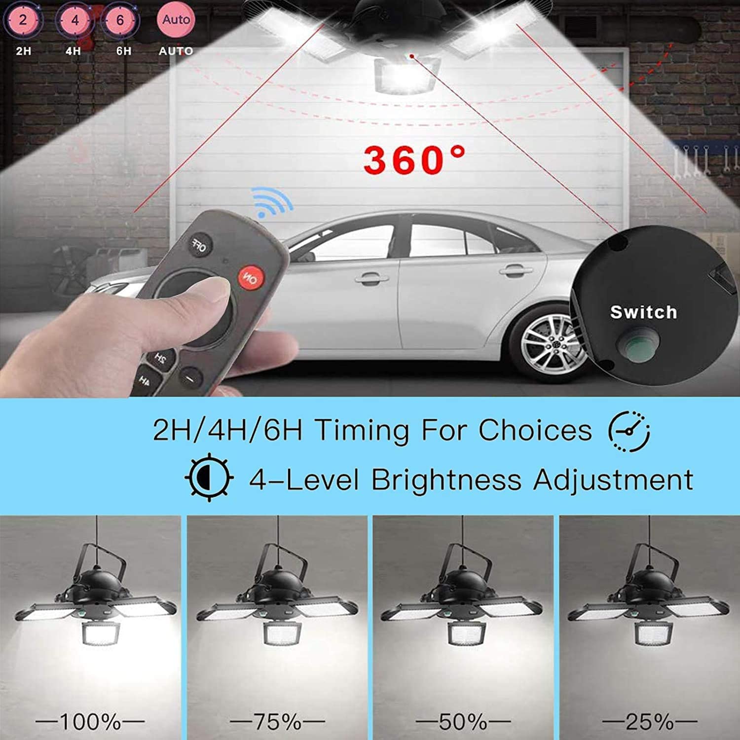 BigM 60 LED Bright Solar indoor Pendant Light for Garage Shade Burn has 4 level of brightness control that can be adjusted with the help of a remote