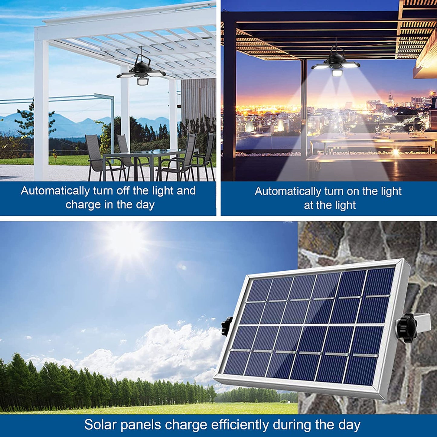 The high efficient large solar panel charges during the day time in 5-6 hours on a good sunny day and the bright solar indoor pendant light turn on at night