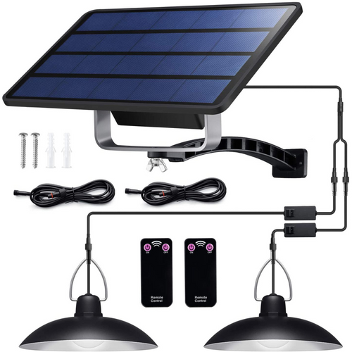 Image of BigM Dual Headed 32 LED Bright solar lamp for gazebo with 10 ft extension cable, remote and hardwares for shades indoors