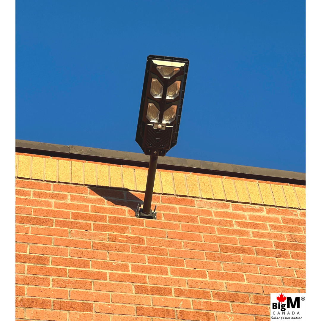 Image of a beautifully designed BigM 500w solar street lights installed at the exterior of a commercial building