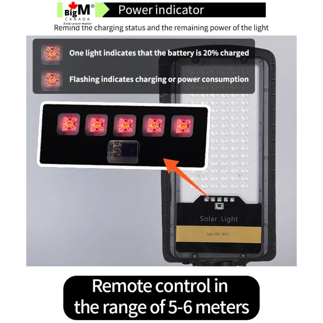 BigM 80W Solar Street Lights with Aluminum Body Adjustable Solar Panel and a remote has a power indicator to figure out how much charge this has