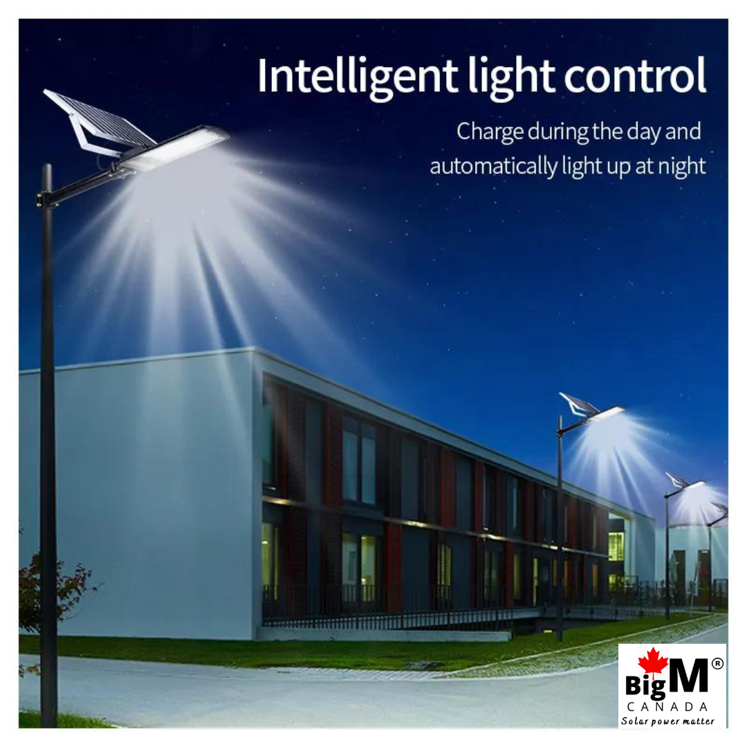 BigM 80W Solar Street Lights with Aluminum Body Adjustable Solar Panel has intelligent light control, The light automatically charge during the day time and automatically turns on at night