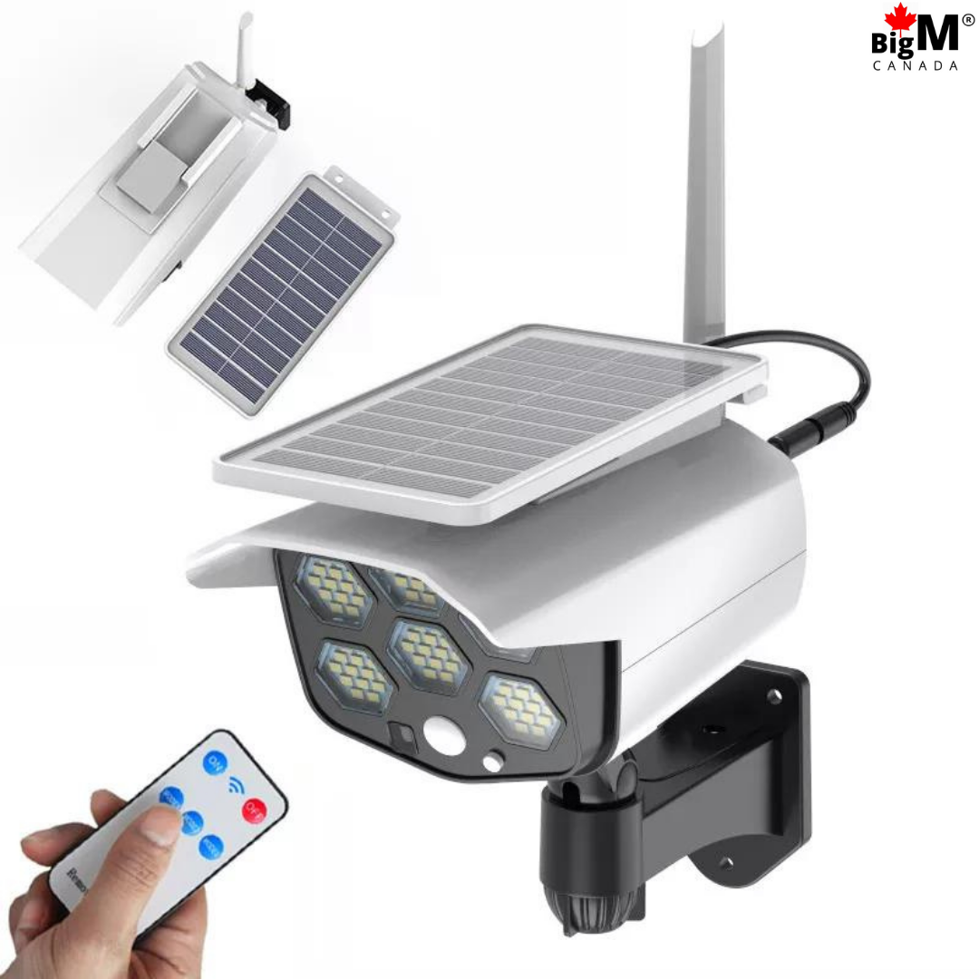 BigM Solar Fake Security Camera Floodlight with Motion Sensor that comes with a remote controller