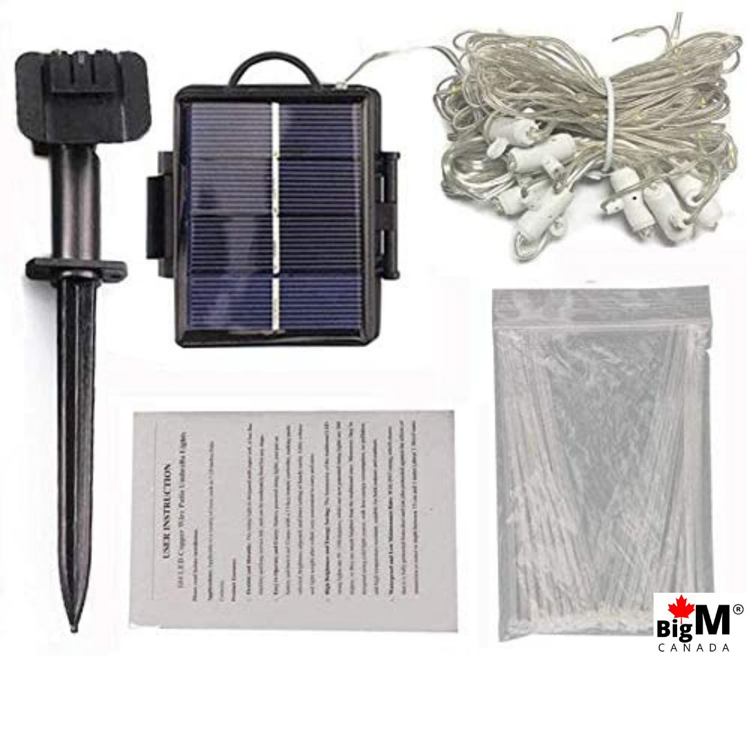 BigM solar string lights for patio umbrella includes a separate solar panel, string lights, a spike and a an instruction manual