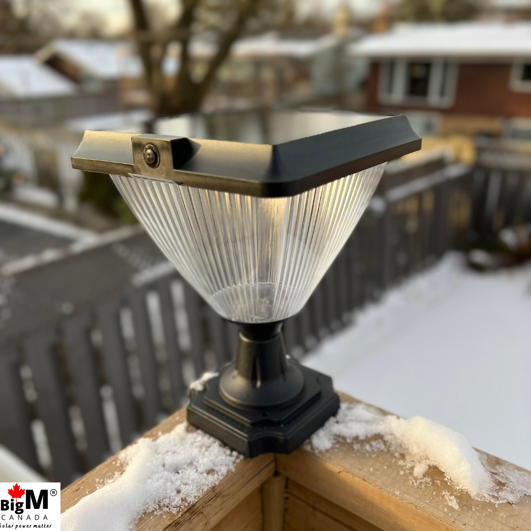 BigM Elegant Looking Bright LED Solar Post Lights installed at the corner of a deck