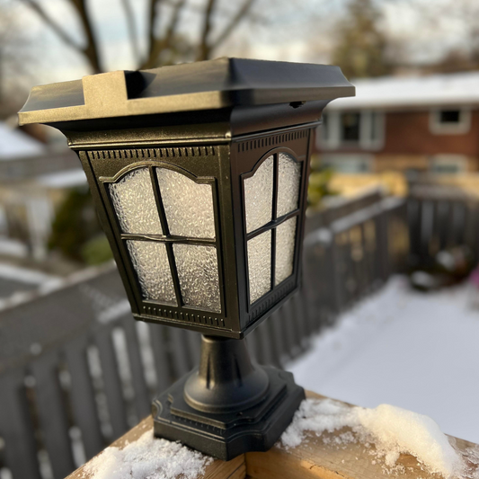 BigM Elegant Looking Vintage Style Solar Post Lights installed at the corner of a deck