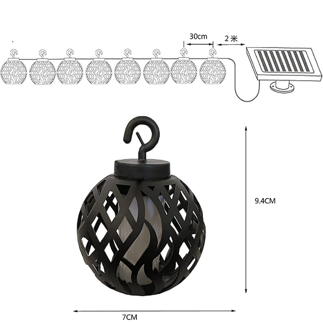 Each 7 cm diameter flame string light ball is made of strong and weatherproof high-grade plastic, equipped with molded hooks that can be hung as needed, and flashing flame effect LED bulbs are contained in a sealed waterproof tube for all-weather use.