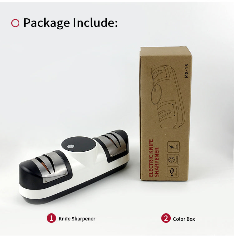 BigM professional electric knife sharpener package includes a knife sharpener and a booklet with instructions