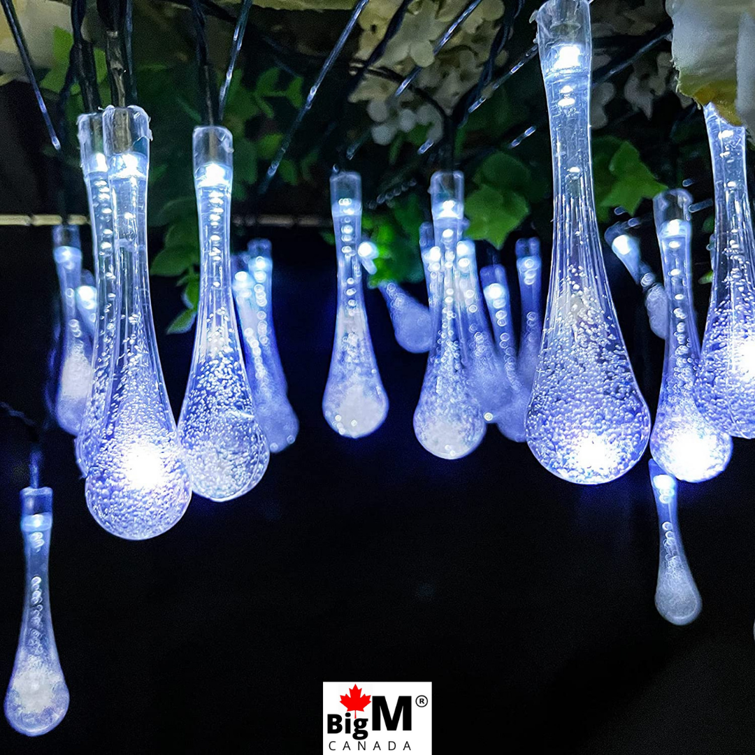 BigM Raindrop shaped Cool White Outdoor Solar String Lights glows beautifully at night