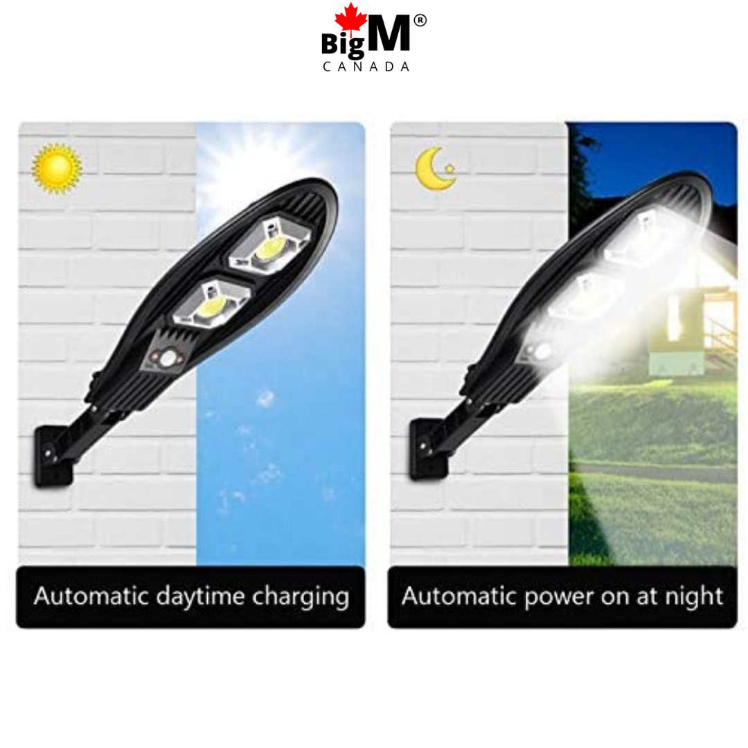 BigM 100W solar street flood lights charge during day time under sun and turns back on afet dusk