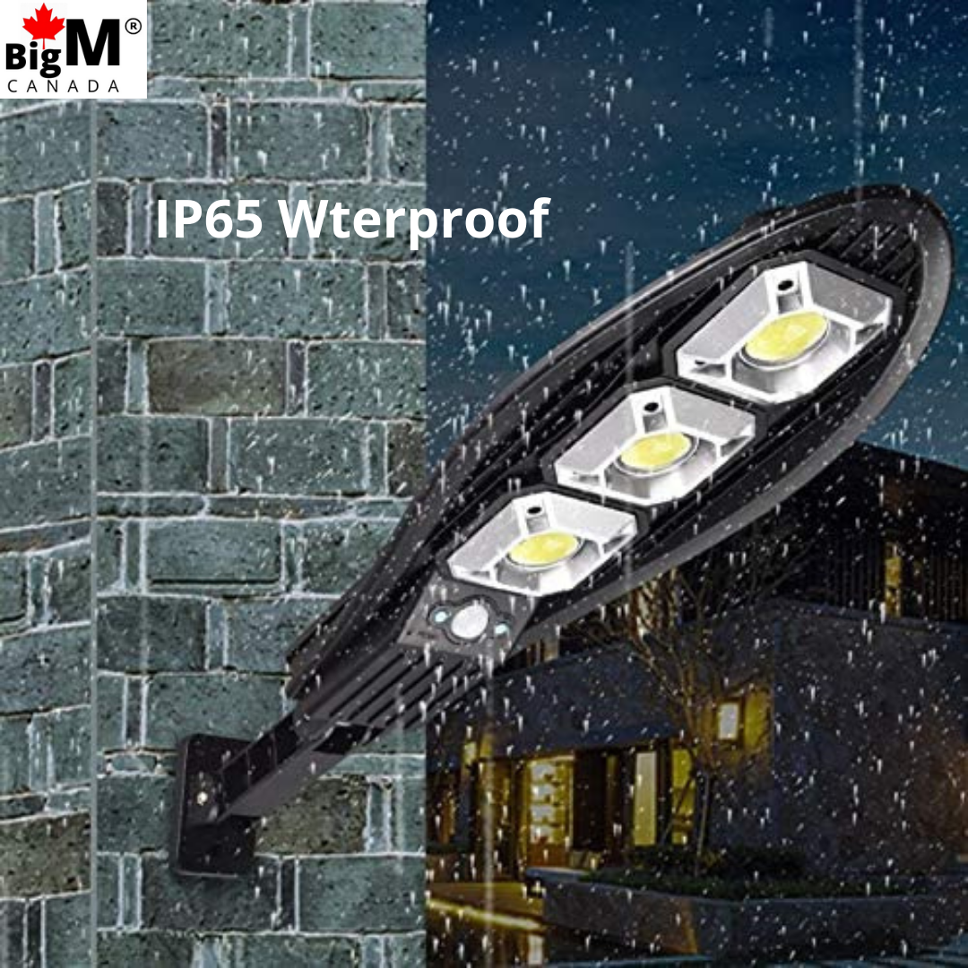 Image of IP65 waterproof BigM 100W solar street flood lights can survive through rainy and snowy conditions in Canada