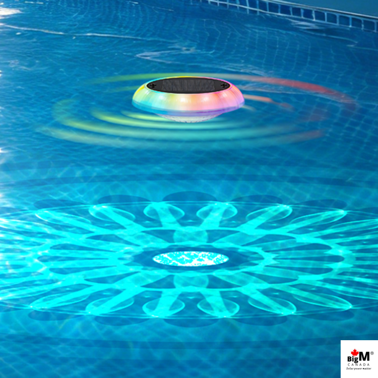 Solar pool lights illuminating a swimming pool at night