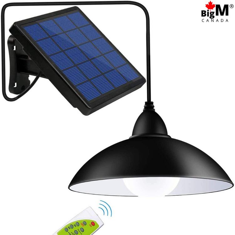 BigM Solar Lights for Camping Tents Trailers RVs Cabins Bunkies come with a large solar panel, 10 ft extension cable and a remote.