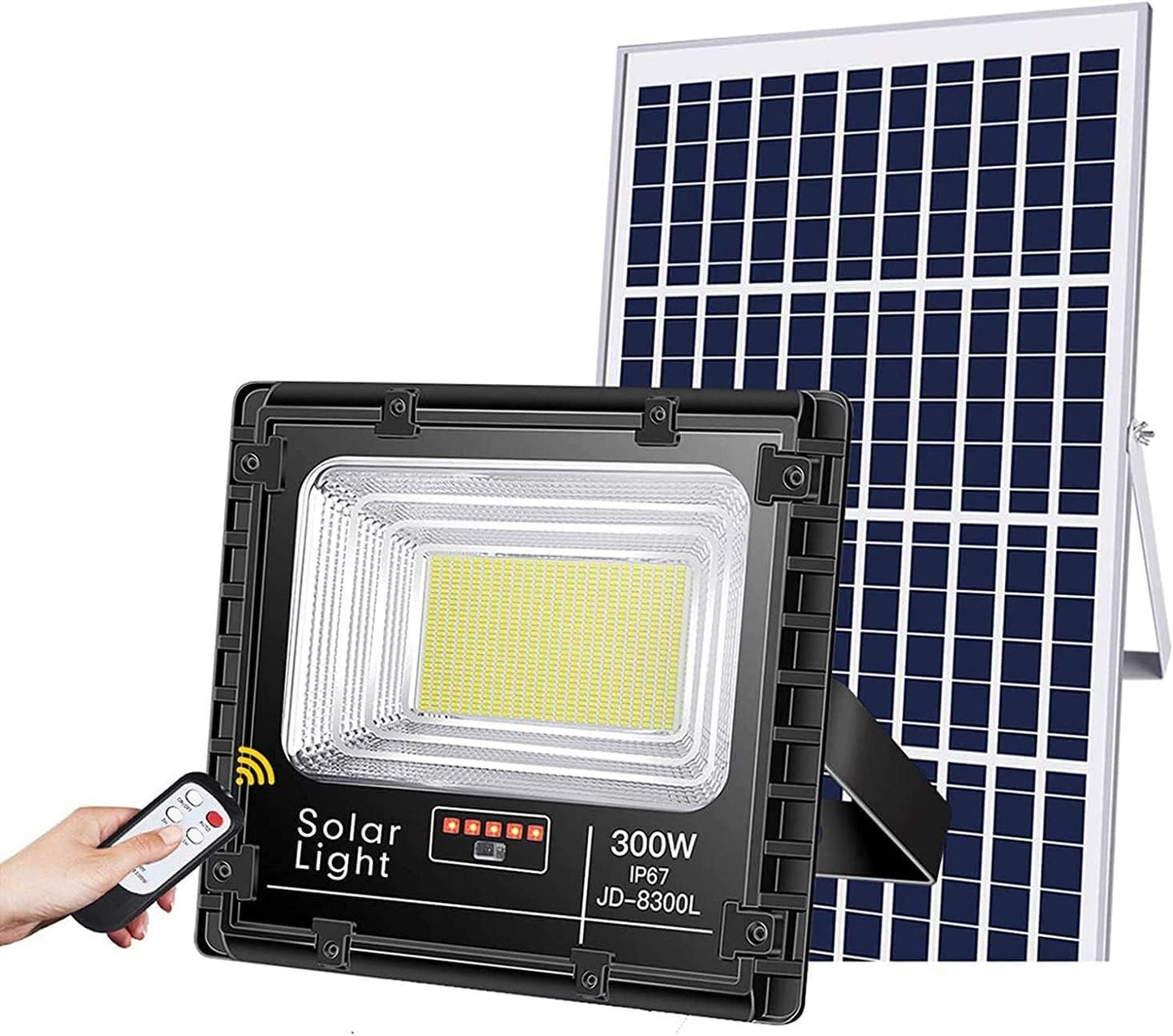 BigM 300W Solar Floodlights with aluminum shell, high-efficiency solar panel, remote control, and waterproof design.