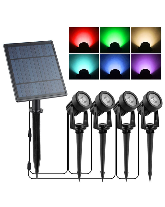 BigM RGB solar spot light with four adjustable heads showing vibrant RGB color options in outdoor garden setting