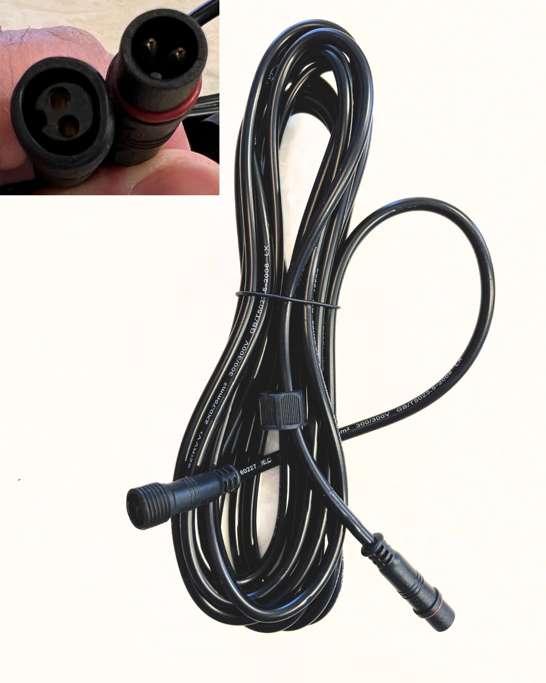 Image of BigM 16.5 ft connecting extension cable for solar flood lights with 2-pin connectors.