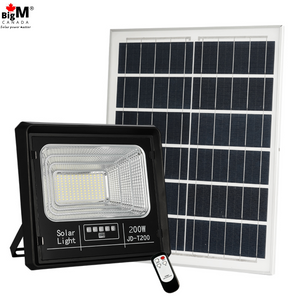 BigM 100W 200W & 300W solar bright flood lights for outdoors come with a large high efficiency solar panel, remote