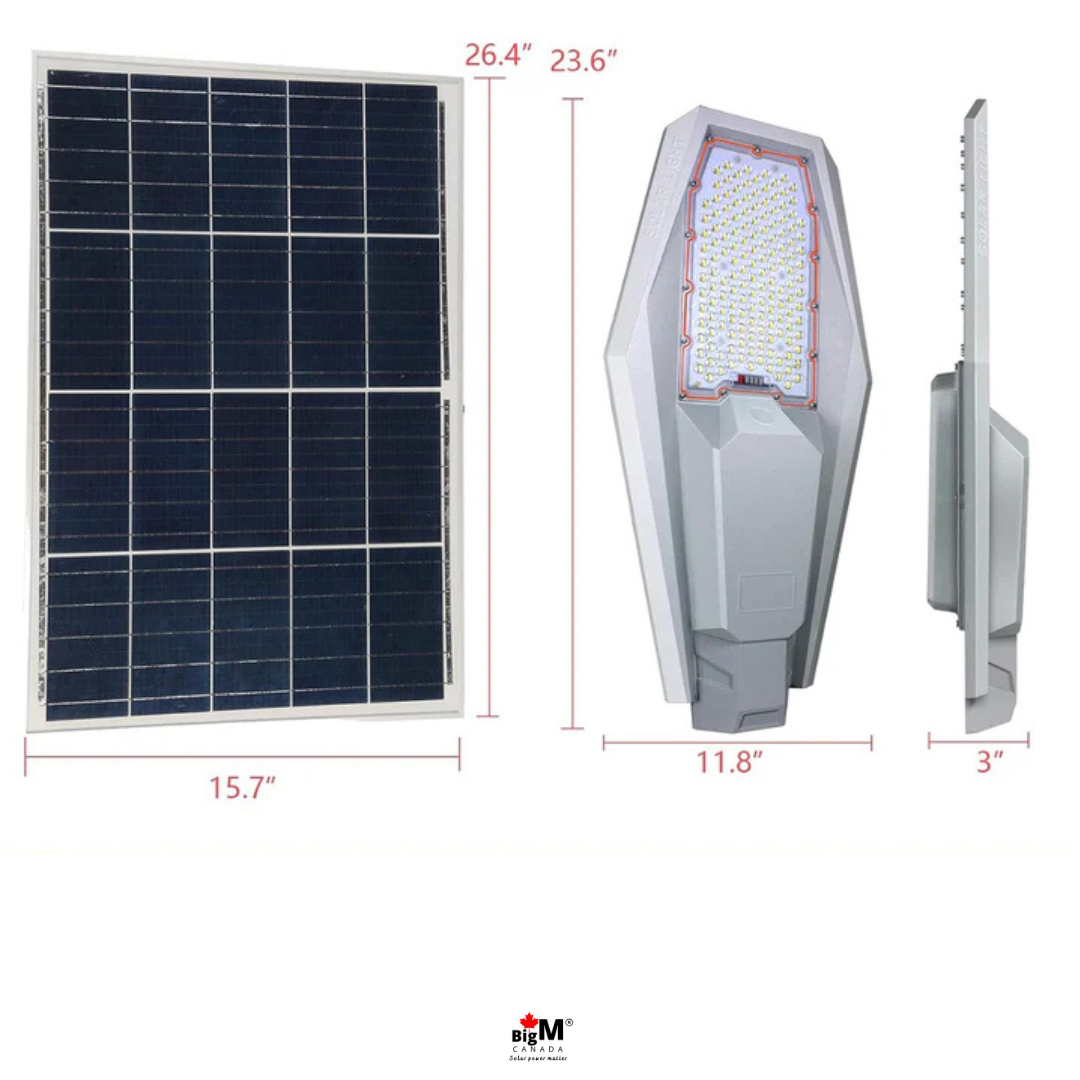 Measurements of BigM 600W aluminum solar street light, that is equipped with a large, high-efficiency mono-crystalline adjustable solar panel, this light maximizes energy absorption, even on cloudy days, ensuring optimal charging and performance.