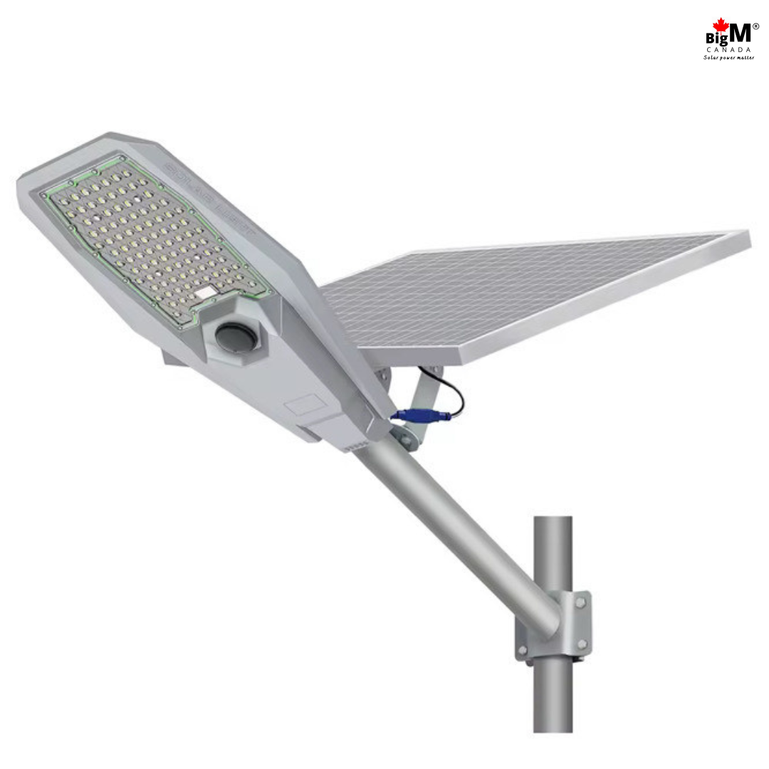 BigM 600W aluminum solar street light is equipped with a large, high-efficiency mono-crystalline adjustable solar panel, this light maximizes energy absorption, even on cloudy days, ensuring optimal charging and performance.