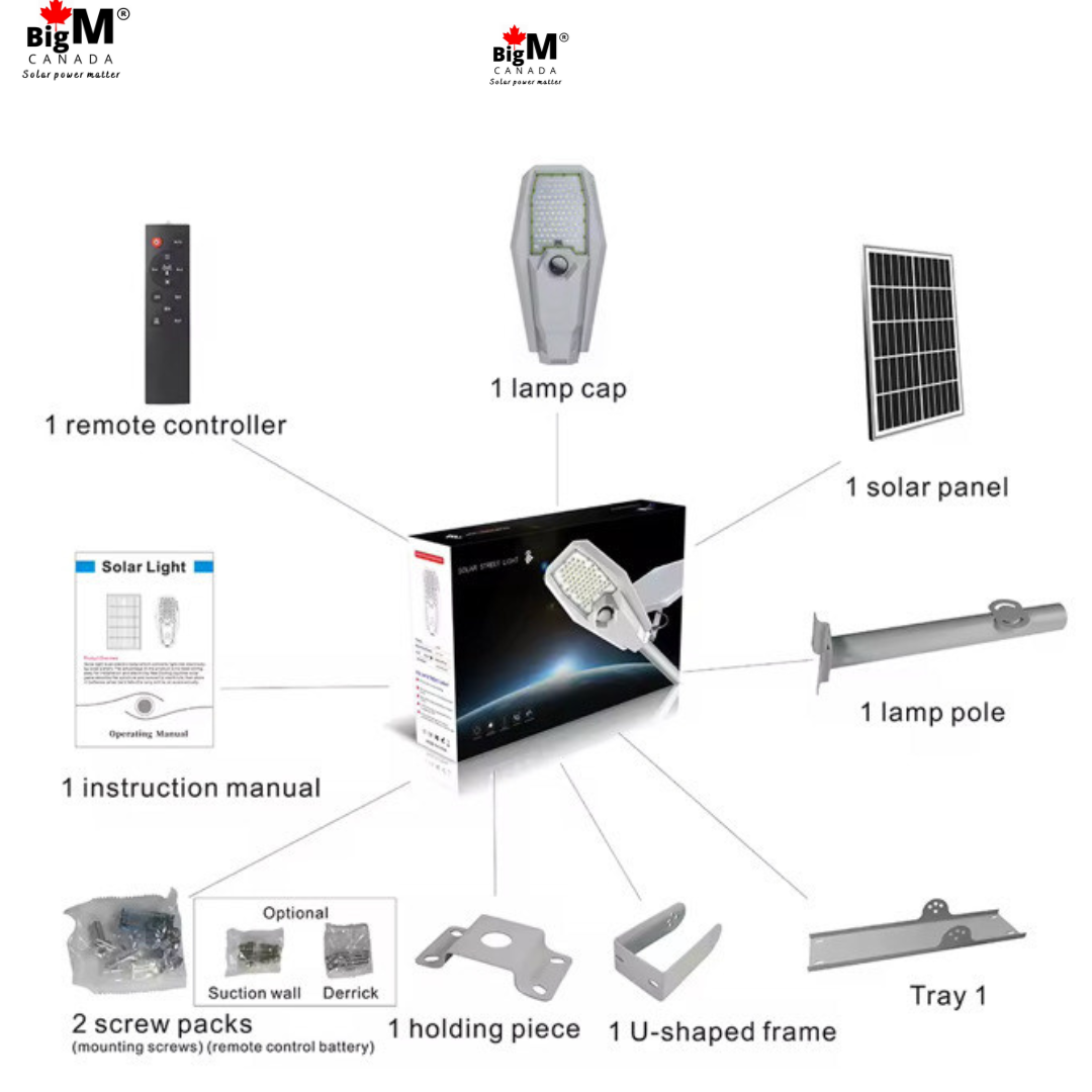 Image of all the accessories of BigM 600W aluminum solar street light