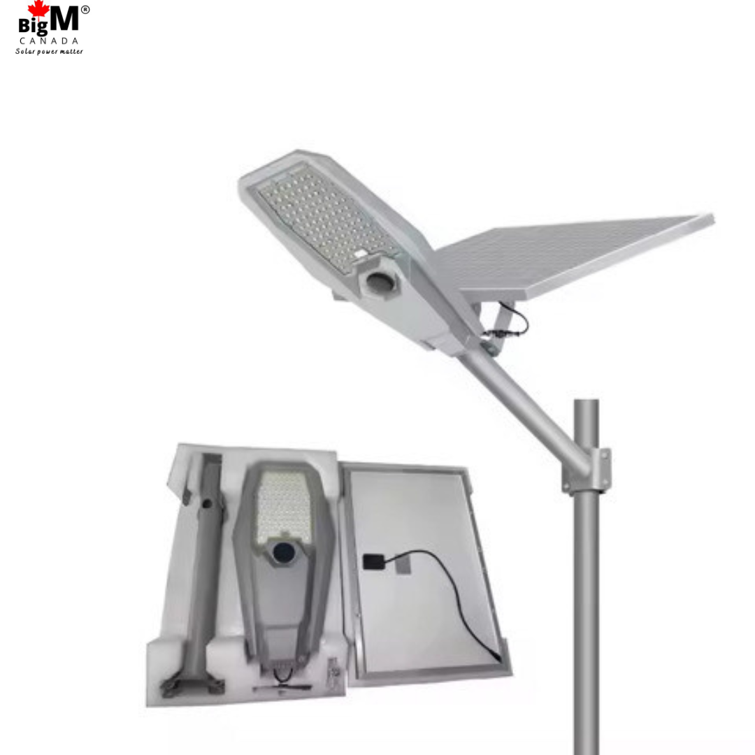 BigM 600W aluminum solar street light with motion sensor, constant lighting mode option, BigM 600W aluminum solar street light with motion sensor & adjustable solar panel