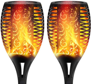 Image of 2 units of BigM 96 LED Bright Flickering Flame Solar Tiki Torch Lights that glowing like a real flame