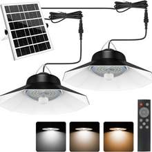 Load image into Gallery viewer, BigM upgraded 98-led dual-headed bright solar pendant light generates 1200 lumens of brightness and comes with an option of 3 different color temperature settings - warm white (3000k), neutral white (4500k), and cool white (6000k).
