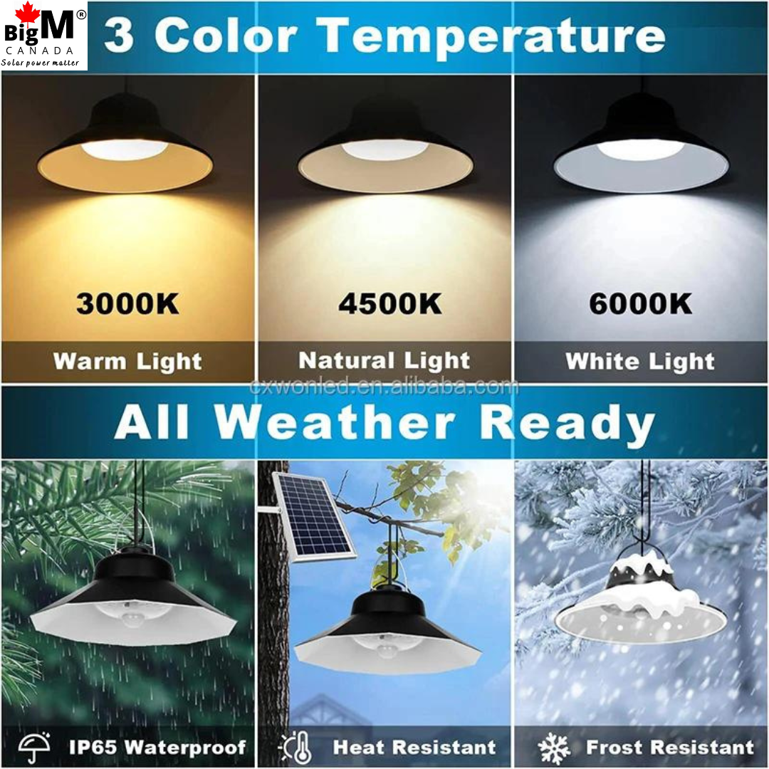 BigM dual-headed bright solar pendant light generates 1200 lumens of brightness and comes with an option of 3 different color temperature settings - warm white (3000k), neutral white (4500k), and cool white (6000k).