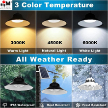 Charger l&#39;image dans la galerie, BigM upgraded 98-led dual-headed bright solar pendant light generates 1200 lumens of brightness and comes with an option of 3 different color temperature settings - warm white (3000k), neutral white (4500k), and cool white (6000k).
