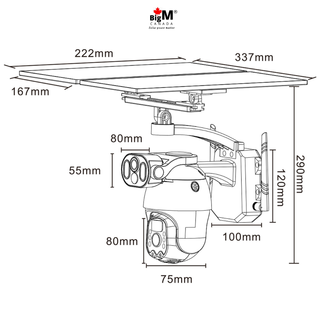 Measurments of BigM Solar dual lens PTZ Security Camera with Wi-Fi & 4G Option