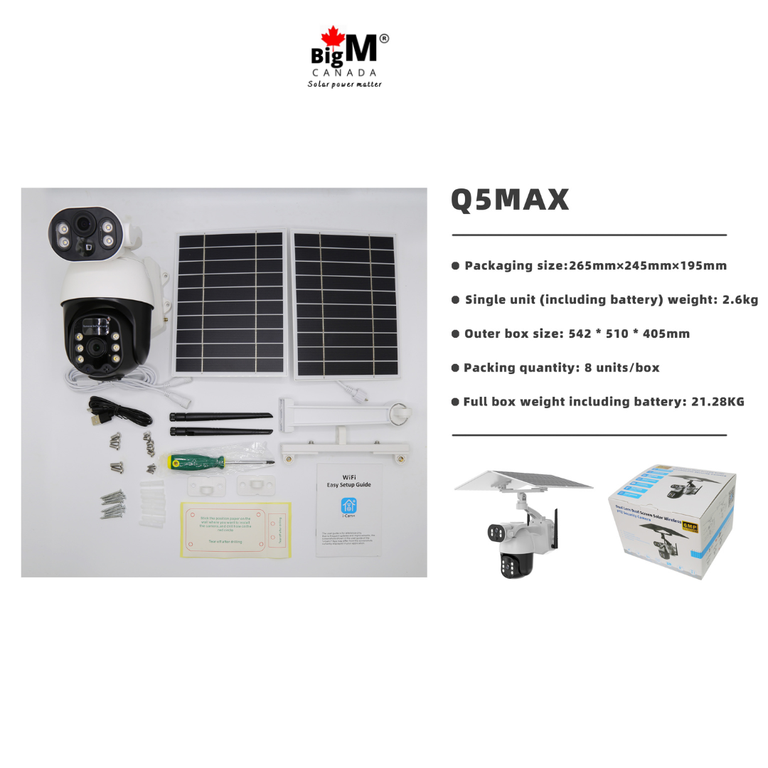 Package included in the box of BigM Solar dual lens PTZ Security Camera with Wi-Fi & 4G Option