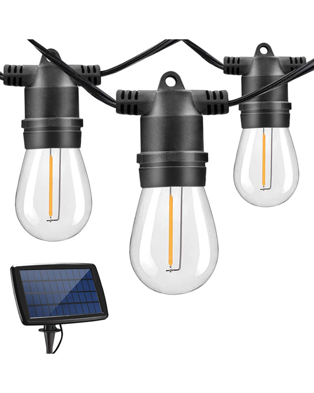 BigM 64 ft Solar Patio String Lights are Equipped with a high-efficiency solar panel and integrated rechargeable lithium battery